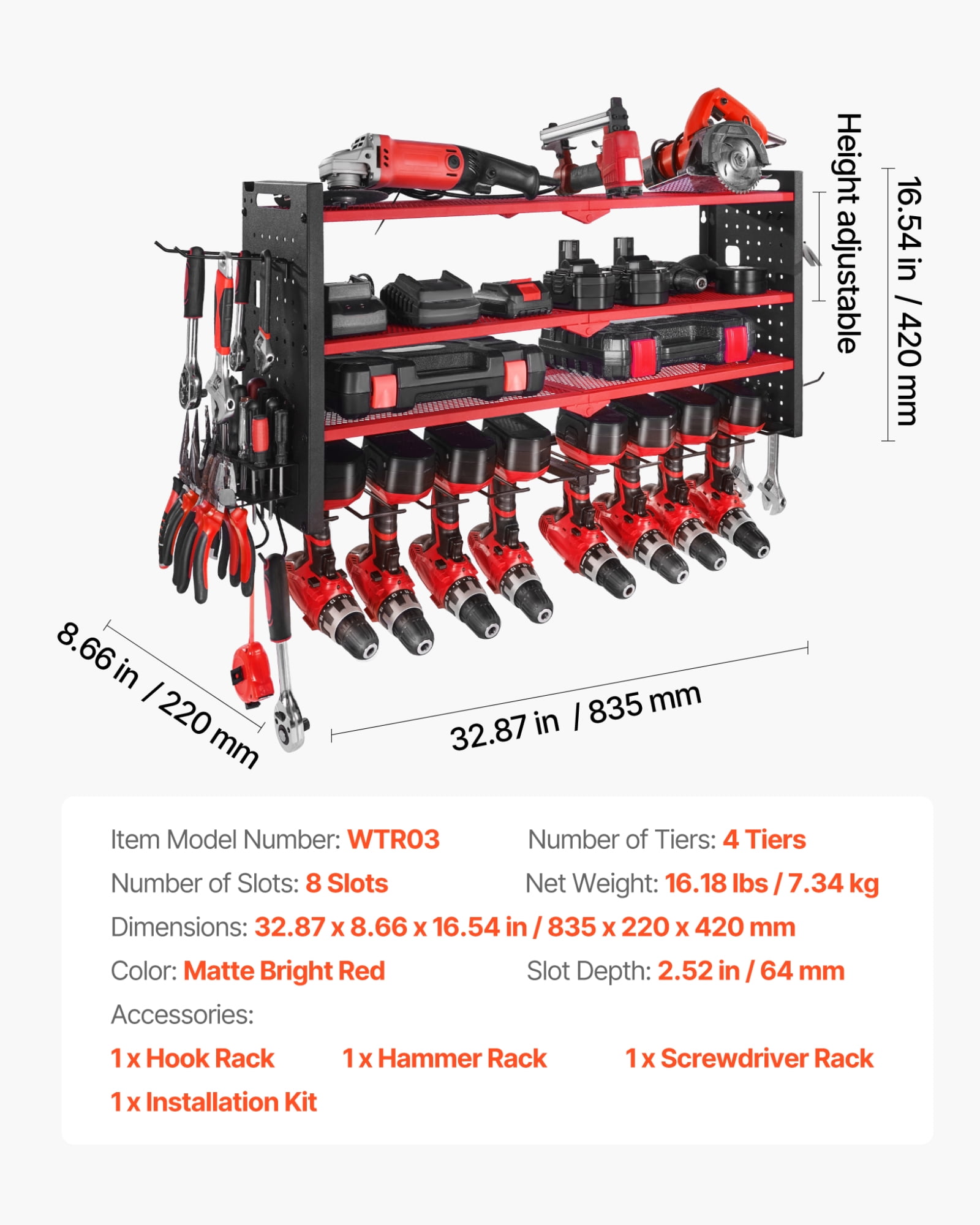 VEVOR Power Tool Organizer Wall Mount, 4-Layer Storage Rack with 8 Drill Holders, Tools Holder and Storage Rack with Side Pegboards, Garage Tool Organizer for Garage, Workbench, and Workshop