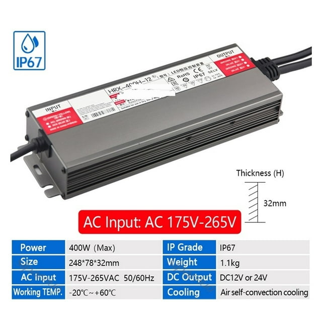 Waterproof LED Power Supply, Rainproof Lighting Transformers, 300W/400W AC 175-265 To DC 12V 24V Switch Transformer, Adapter LED Driver ,Stable Output