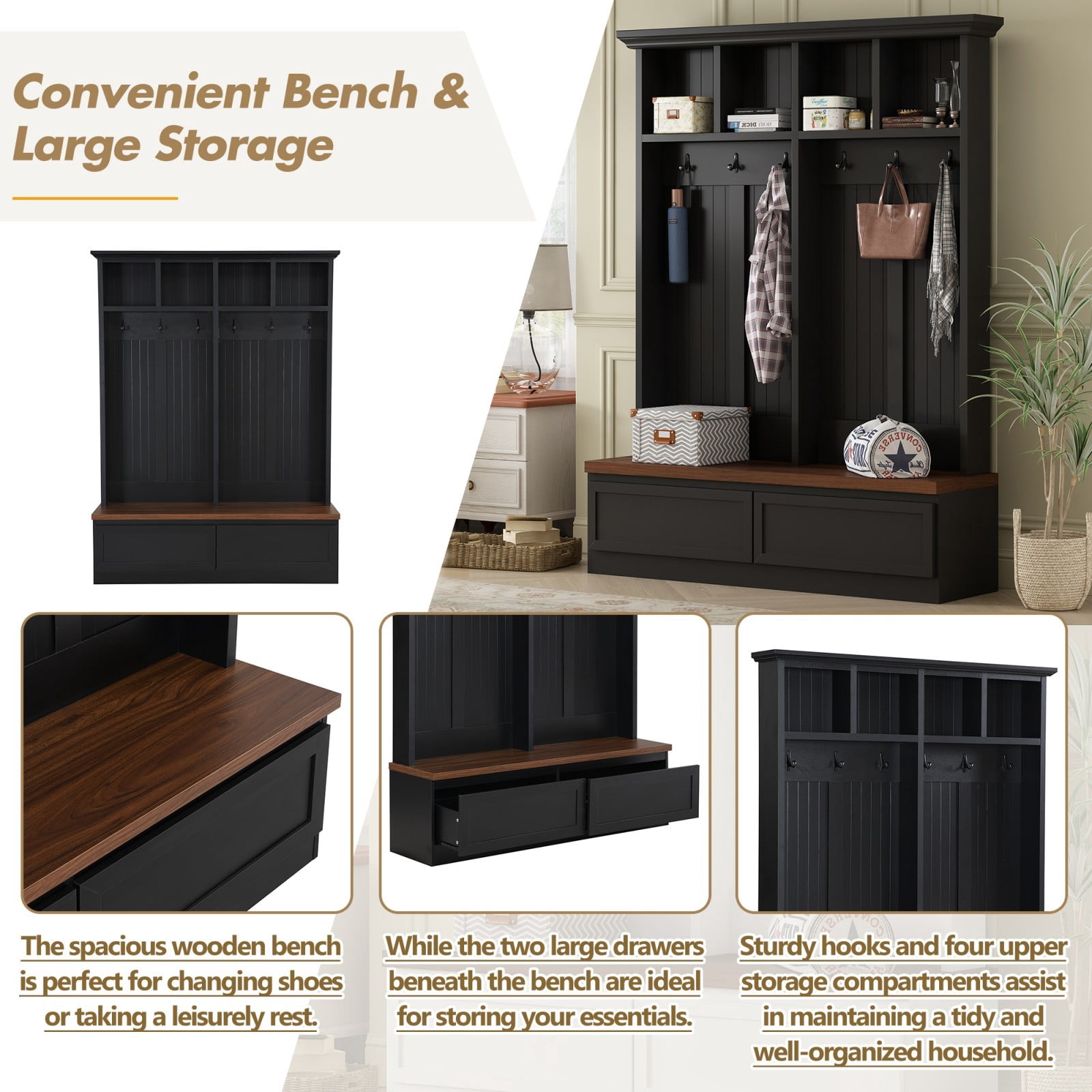 55.9" W Farmhouse 4-in-1 Entryway Hall Tree with Wood Grain Bench, Coat Rack with 6 Hooks, 2 Large Drawers & Open Storage Compartments, Mudroom Organizer for Hallway Living Room, Black