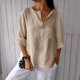 thumbnail image 5 of Vestidos Casuales Para Mujer, Blusas De Mujer De Moda Camisa de lino con cuello en V y bolsillo abotonado para mujer, informal, con escote en V de un cuarto, 5 of 6