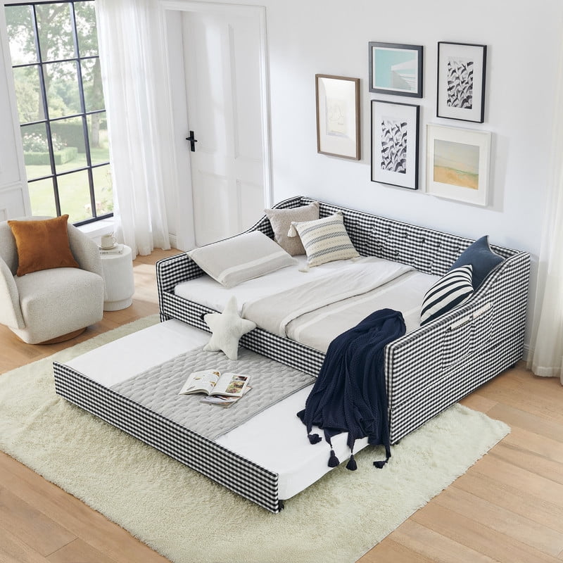 Full Size Daybed with Pop Up Trundle, Gingham Upholstered Daybed Frame with Tufted Button Backrest and Side Storage Pocket, Modern Sofa Bed for Living Room Bedroom
