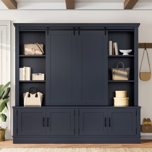 Entryway Cabinet with Sliding Doors, White Barn Door Hall Storage Cabinet, Multifunctional Entryway Organizer with Rails for Entry, Living Room & Hallway, Blue