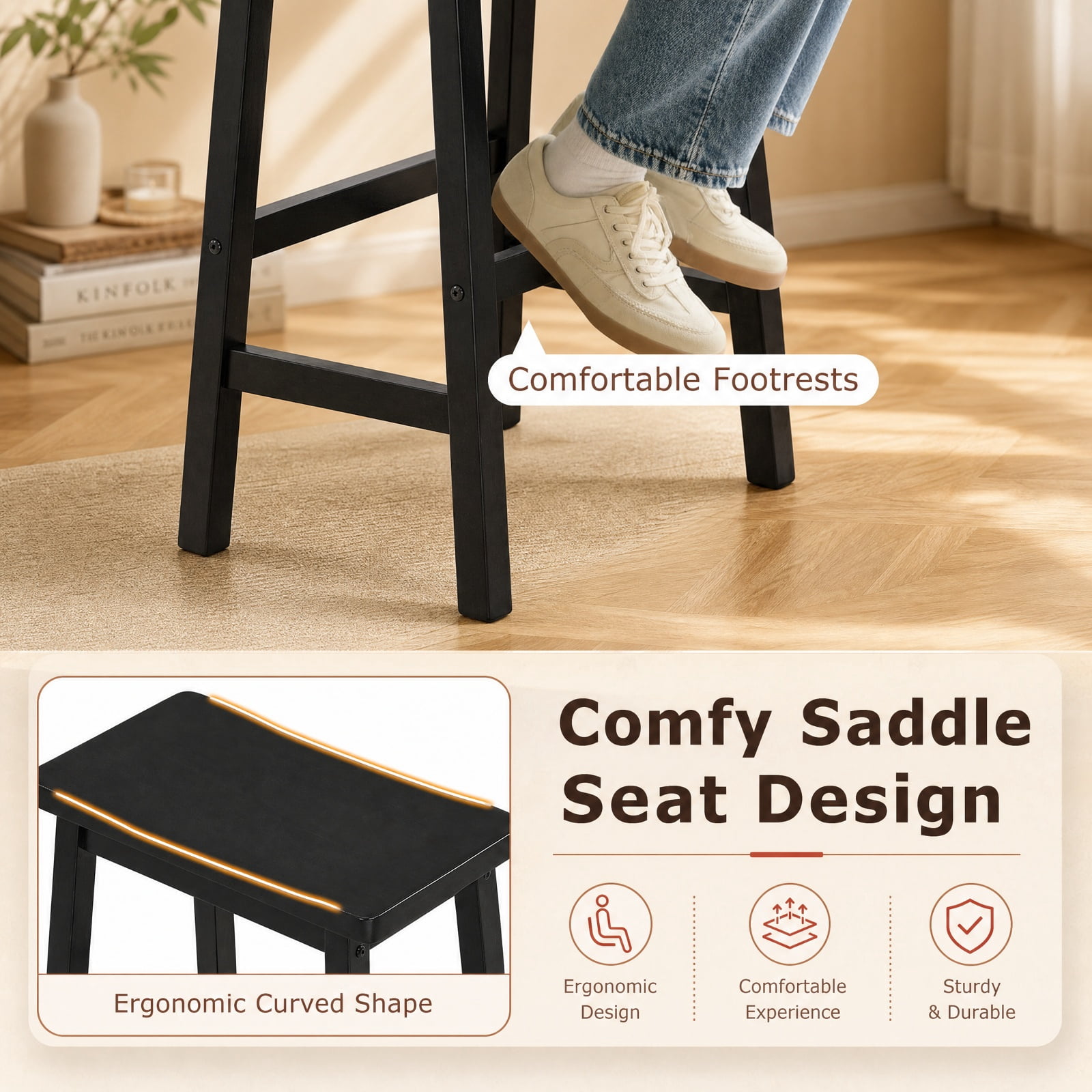 Furnibear 29" Set of 2 Saddle-Seat Counter Height Stools with Curved Seat and Footrests for Kitchen Island Counter Bar Pub Dining Home, Black