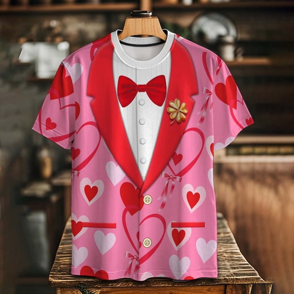 VBTAPA Men's 3D-Print Realistic Tuxedo Short Sleeve T-Shirt Holiday Party Funny Tux Tee Festival T Shirt for Men Pink L
