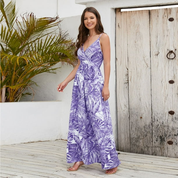 Vestido largo largo de fiesta en la playa de chifon sin espalda cruzado Floral bohemio con escote en V profundo y tirantes finos sexy para mujer