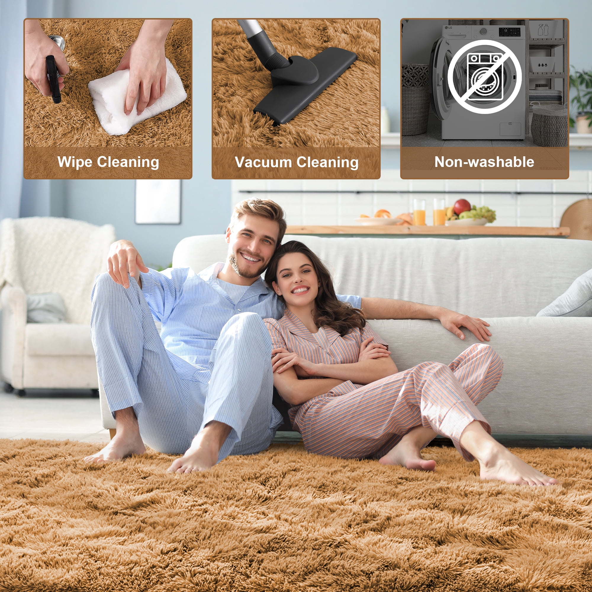 Nefoso Shag Area Rug, 8ft x 10ft Soft Fluffy Area Rugs for Living Room Bedroom Decor Carpet, Light Brown/Camel