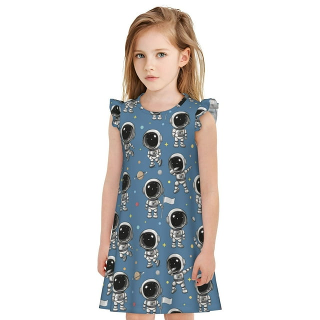 Fotbe Astronaut Vestido de Dormir para Niñas de 3 a 10 Años, Mangas Cortas, Estilo Princesa, Pijama Camisón con Mangas Voladas-Small