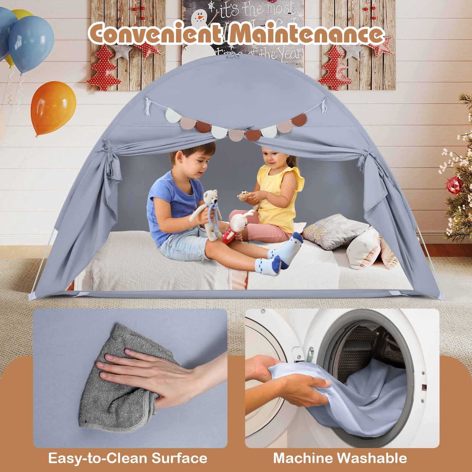 Infans Twin Full Size Bed Tent w/2 Windows, Flags for Boys & Girls Aged 3+ Years Old