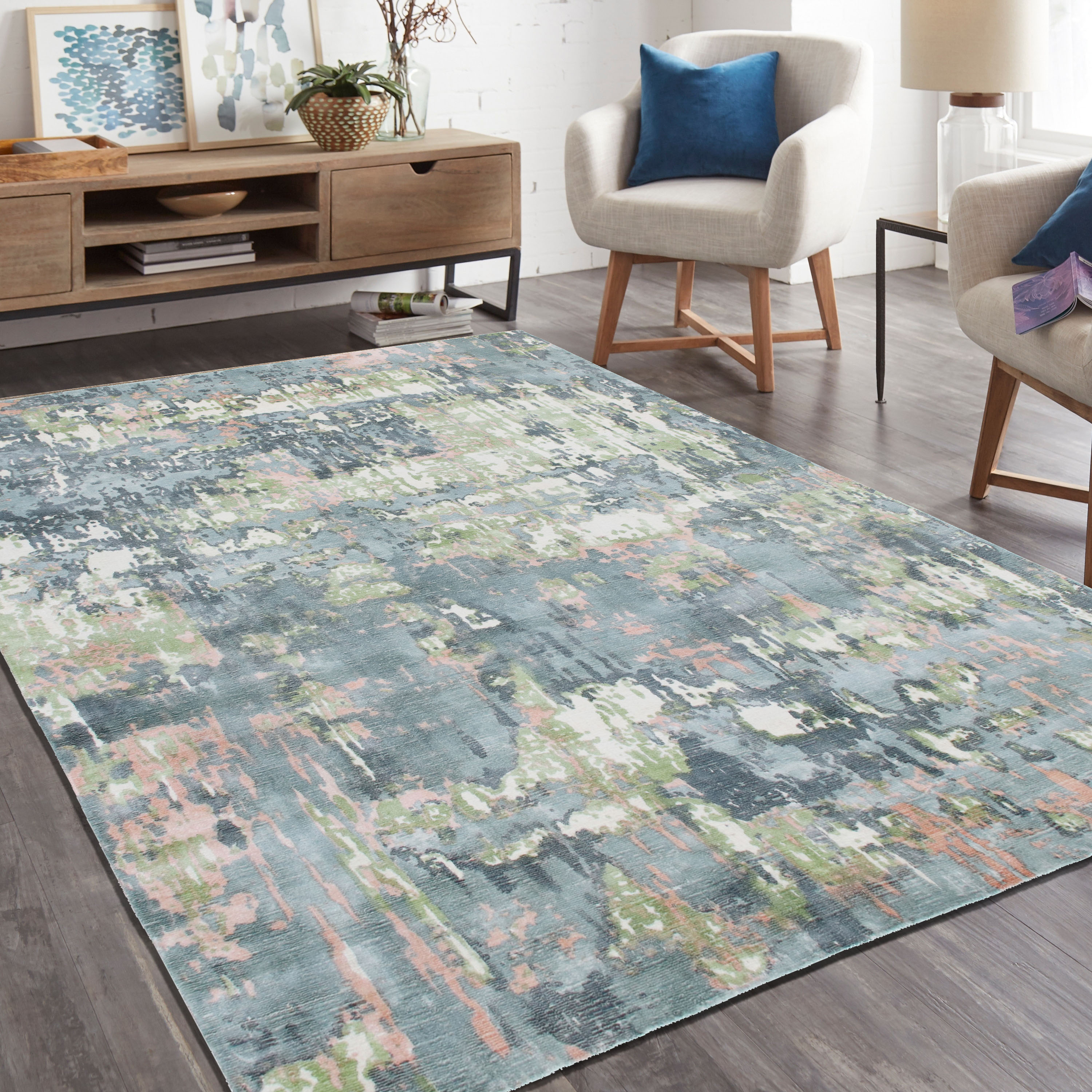 Ox Bay Hand Loomed Abstract Ethereal Garden Area Rug, Blue / Green, 5'9" x 8'9"
