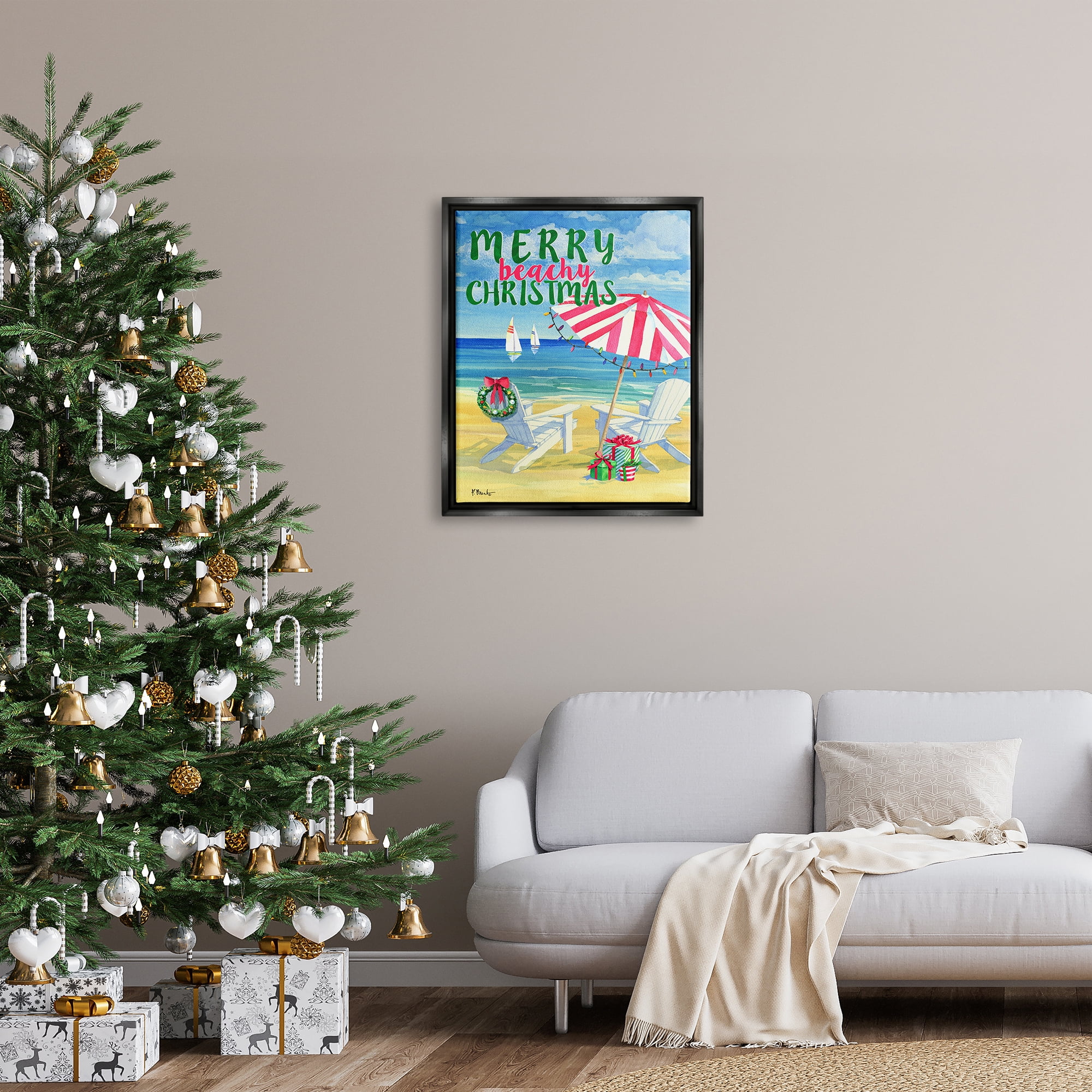 Stupell Industries Merry Beachy Christmas Holiday Painting Black Floater Framed Art Print Wall Art, 25 x 31