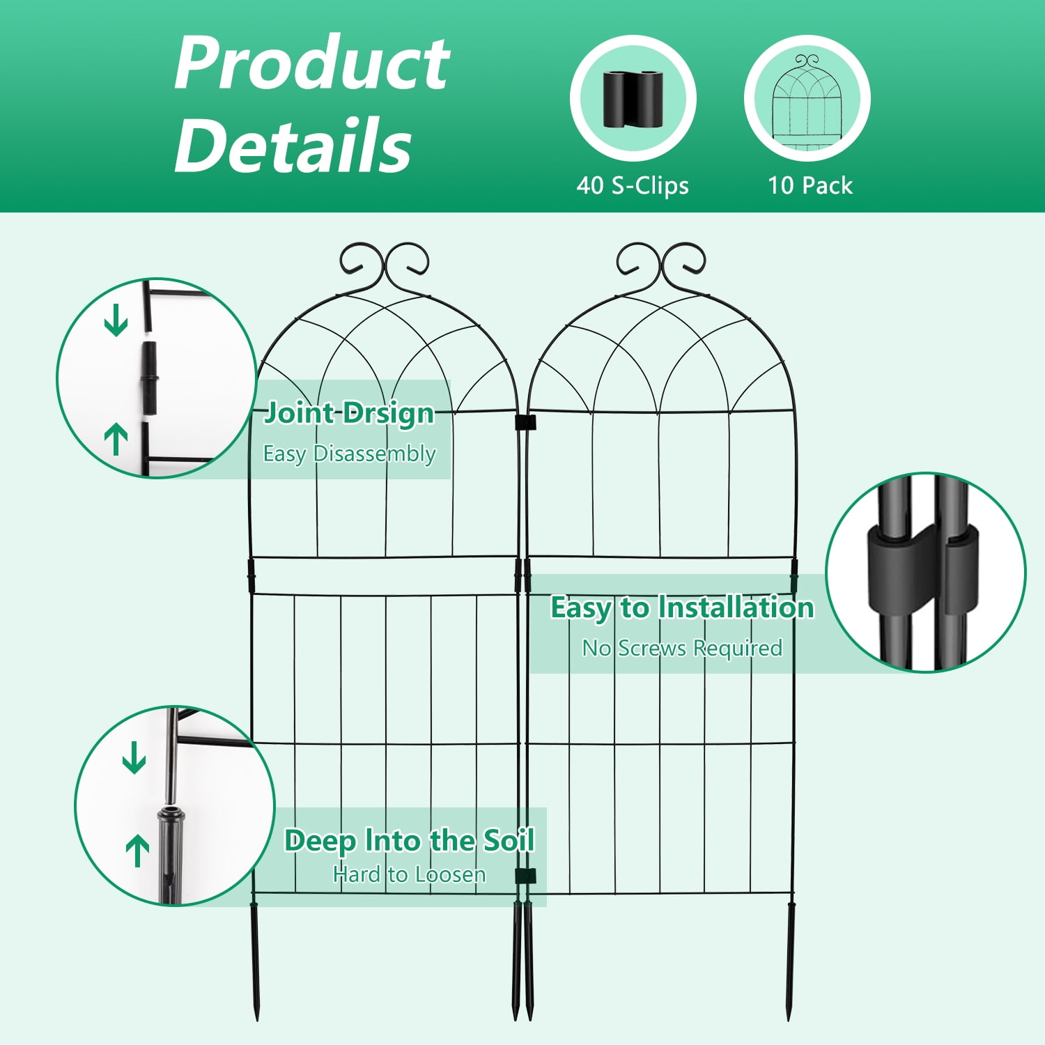 Decorative Garden Fence 10 Pack,Garden Trellis for Climbing Plants, 38.3in H x 12in W Metal Panel, Outdoor Wrought Iron Trellis for Vines, Flowers, Vegetable Garden Support