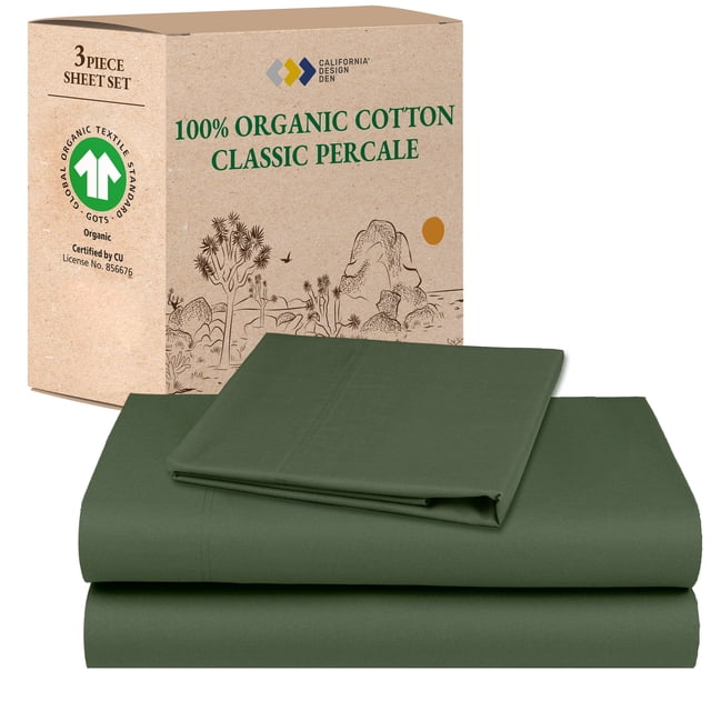 California Design Den Ensemble de Draps Simple TG, Ensemble de Draps 100 % Coton Biologique, Percale, Ensemble de Draps à Poches Profondes - Vert Olive