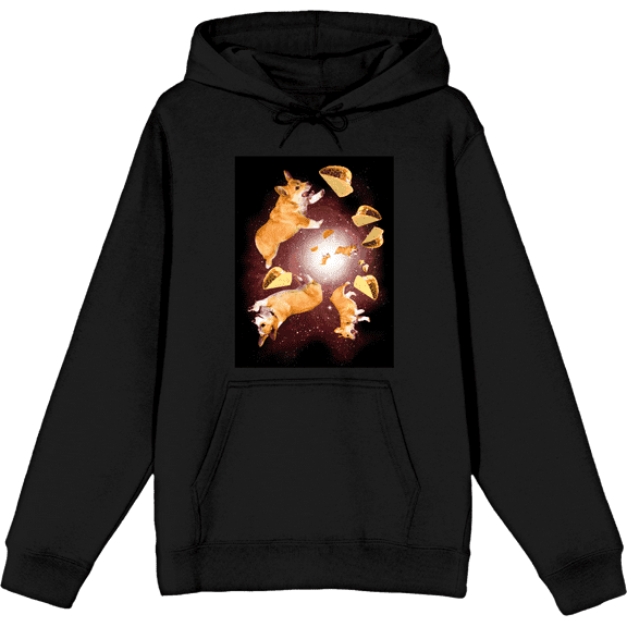 Corgis & Tacos In Space Long Sleeve Adult Hooded Sweatshirt-3XL-Black