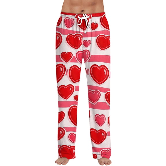 Hearthz Mens Valentines Day Pajamas Pants Men's Pajama Pants Heart Print Drawstring Wide Leg Sleep Lounge Pants with Pocket