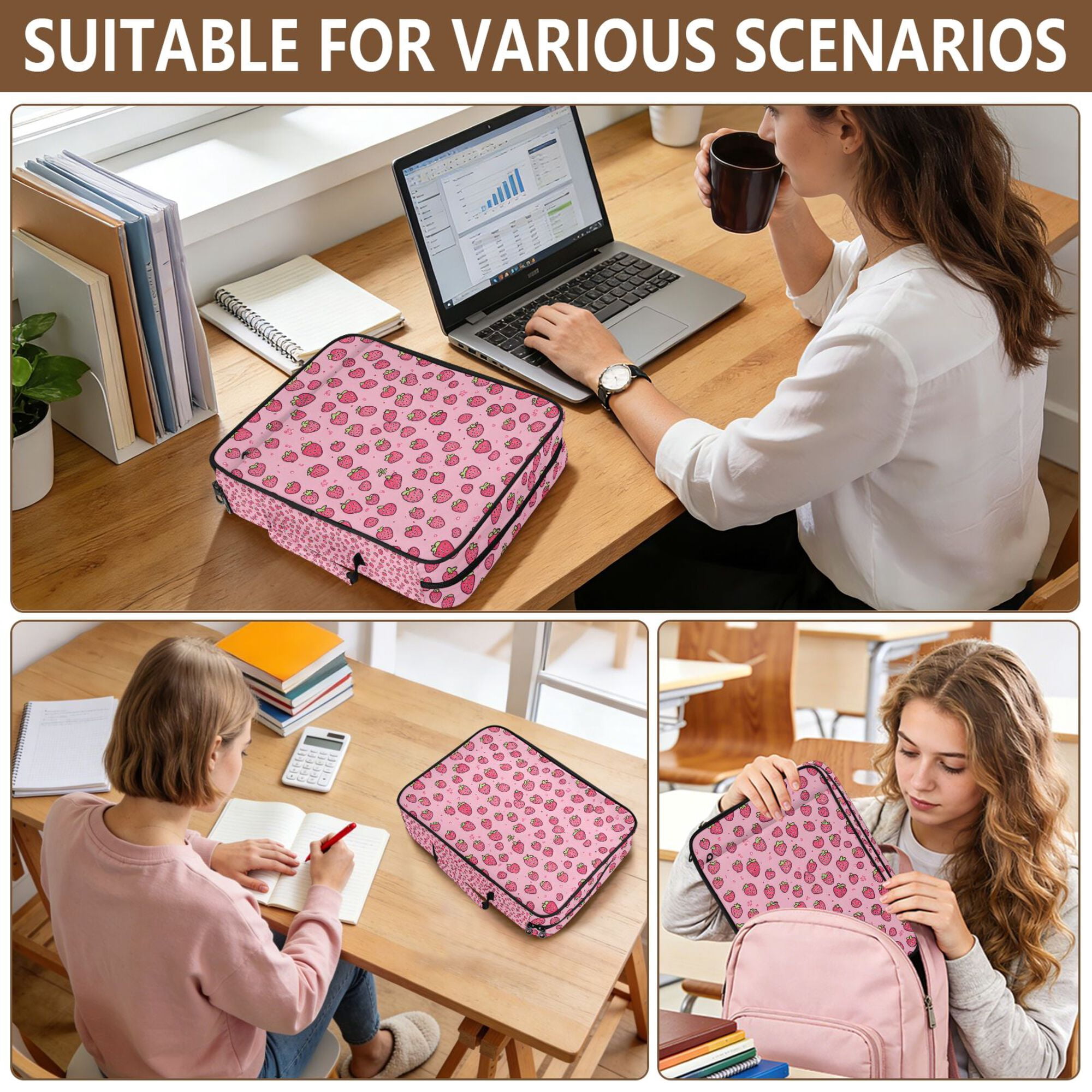FORMRS Accordion File Folder A4 Size 7-Pocket Expanding Document Organizer Bag with 3 Ring Binder, Strawberry Bliss