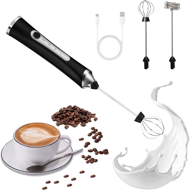 Milk frother, Rechargeable Electric Whisk, 3-Speed Adjustable Mini Coffee Whisk, Coffee Electric Milk frother, Latte, Cappuccino (Black)