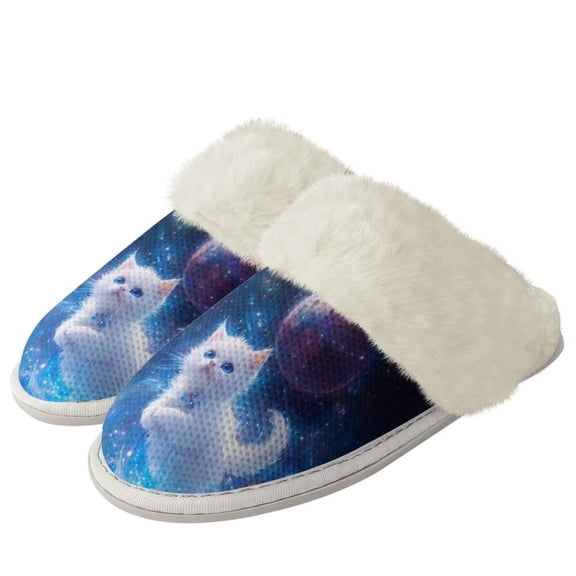 chaqlin Cat Slippers for Women Outdoor Fuzzy Slippers Galaxy Print Fluffy Winter House Shoes Indoor Warm Plush Bedroom Shoes Slip on Anti-Skid Sole