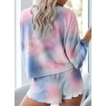 thumbnail image 4 of Conjunto de pijama de 2 piezas con estampado tie dye y volantes cortos para mujer, conjunto de top y pantalones cortos de manga larga, 4 of 5