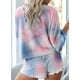 thumbnail image 4 of Conjunto de pijama de 2 piezas con estampado tie dye y volantes cortos para mujer, conjunto de top y pantalones cortos de manga larga, 4 of 5