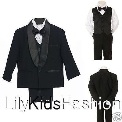 Baby Toddler Boy Classic Wedding Formal Bow Tie Vest Set Tuxedo black Suit S-18 