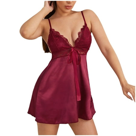 

Zuwimk Lingerie For Women Plus Size Women s Plus Size Lingerie Dress Lace Babydoll G String Nightwear Sleepwea Wine M