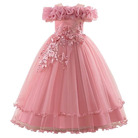 Vrotazzy Elegant Off Shoulder Tutu Dress for Girls Occasions and Formal Events with Floral Appliques,11 Years