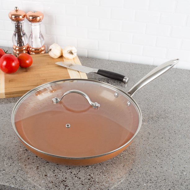 Non Stick 12? Fry Pan with Lid and Copper Colored Finish Oven/Dishwasher Safe AllumiShield