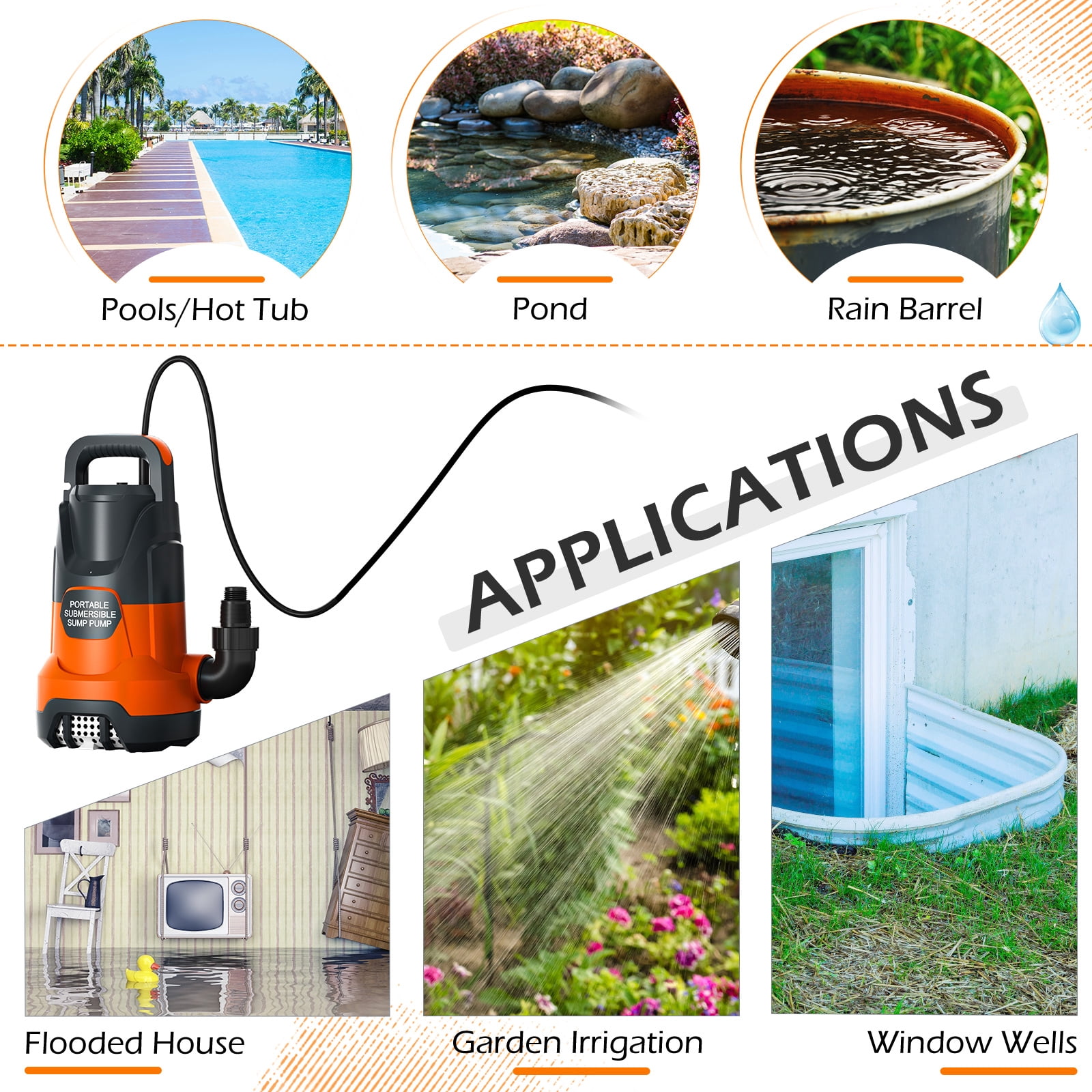 Sump Pump with Float Switch Submersible Water Pump Automatic 1.2HP 5000GPH Portable Dirty Clean Water Transfer Pump for Pool Draining Hot Tub Basement