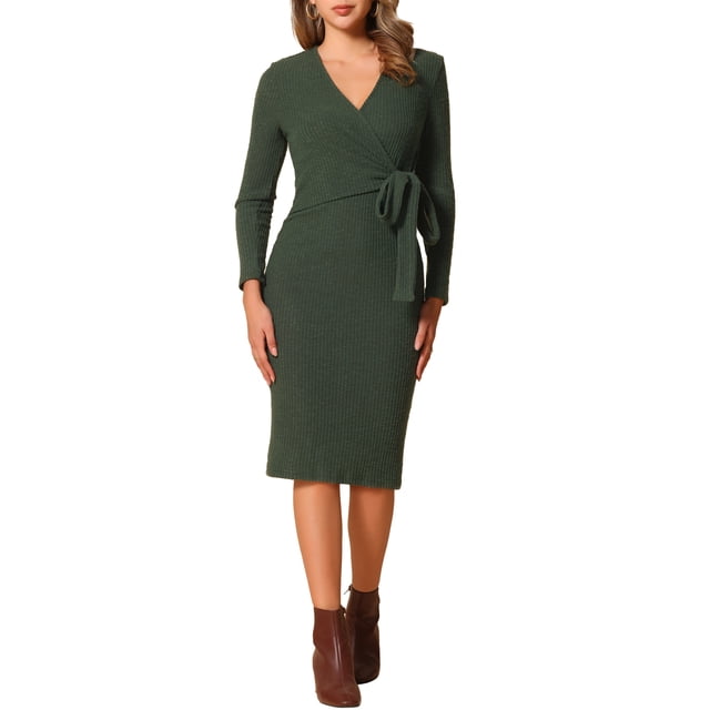 Vestido Midi Casual de Manga Larga con Cintura Ajustable para Mujeres Inspire Chic en Verde M