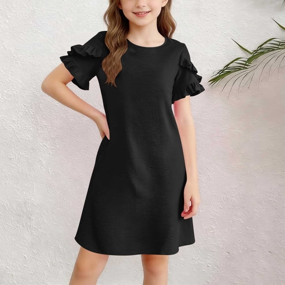 Maqroz Girls Ruffle Sleeve Dresses Summer Crewneck A Line Mini Dress Casual Shift Dress Beach Sundress with Pockets Spring Smocked Midi Dress 5-15 Years