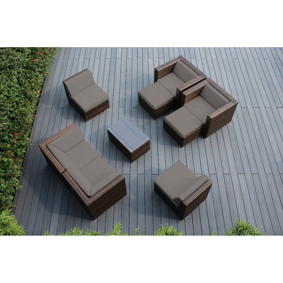 Ohana Depot Ohana Outdoor Patio 9 Pc Mixed Brown Wicker Seating Set with Cushions - No Assembly Sunbrella Taupe