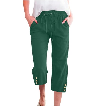 

Jalioing Cotton Linen Palazzo Cropped Pants for Women Elastic Waist Light Weight Baggy Comfy Pajama Pants (XX-Large Army Green)