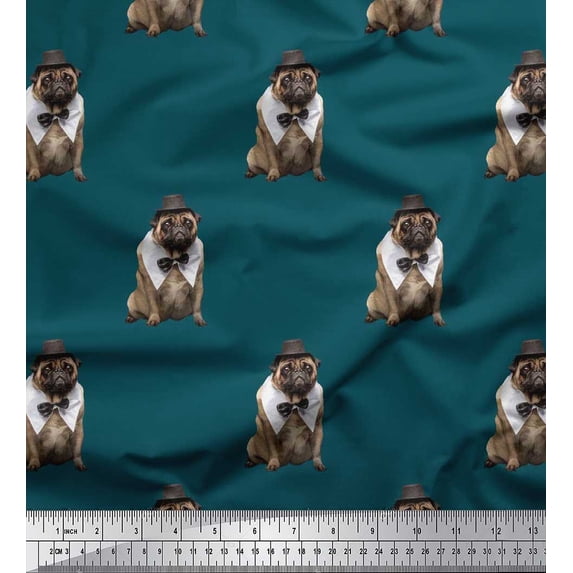 Soimoi Japan Crepe Satin Fabric Bow,Hat & Pug Dog Print Fabric by The Yard 42 Inch Wide