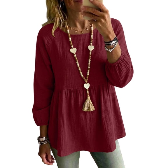Setooff Cotton Linen Peplum Long Sleeve Blouses for Women, Round Neck Raglan Shirred Shirts, Solid Loose Plus Size Casual Fall Tops for Women