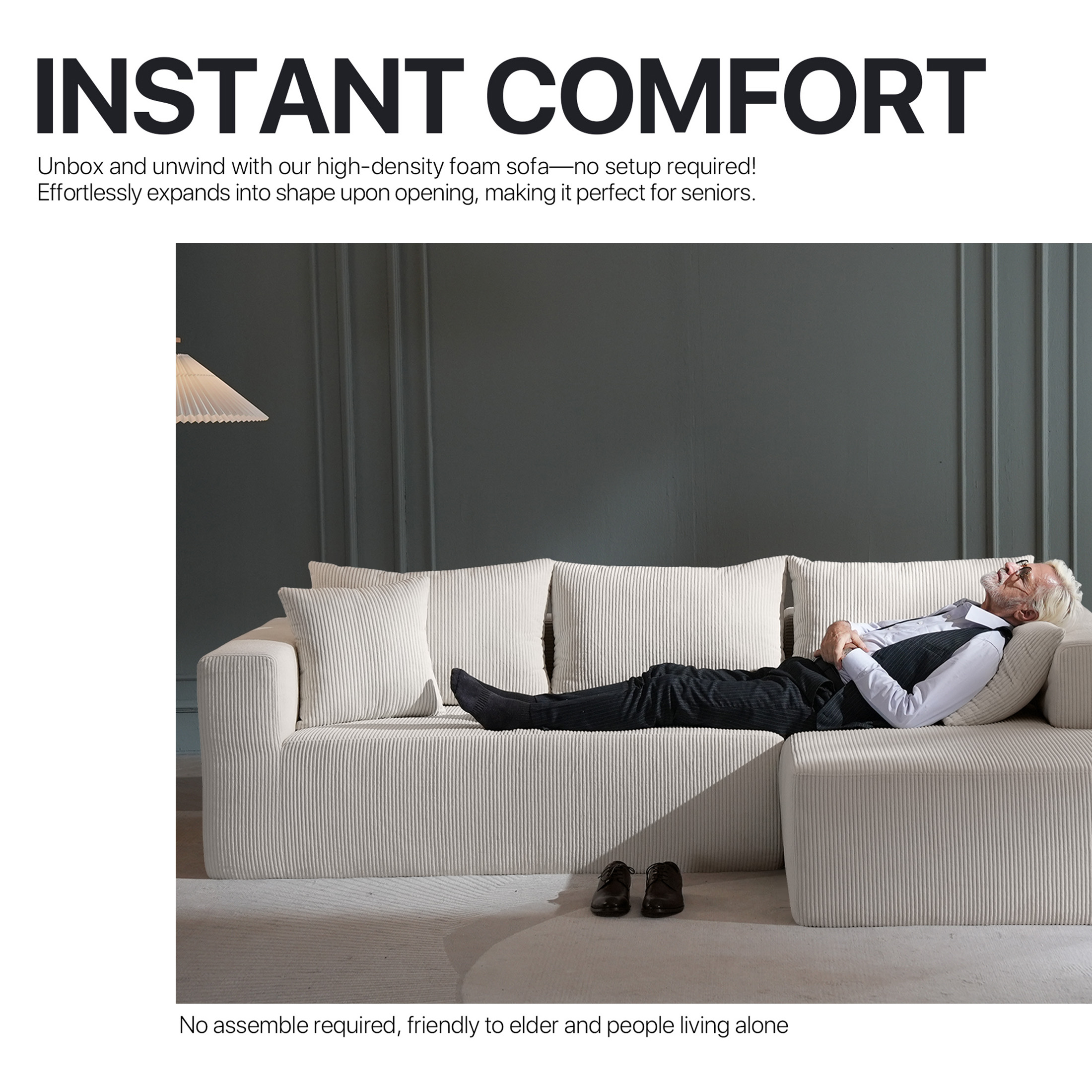 Focalsweet 107" L-Shaped Sofa Couch, Modular Sectional Living Room Sofa Set, Corduroy, No Assembly, White