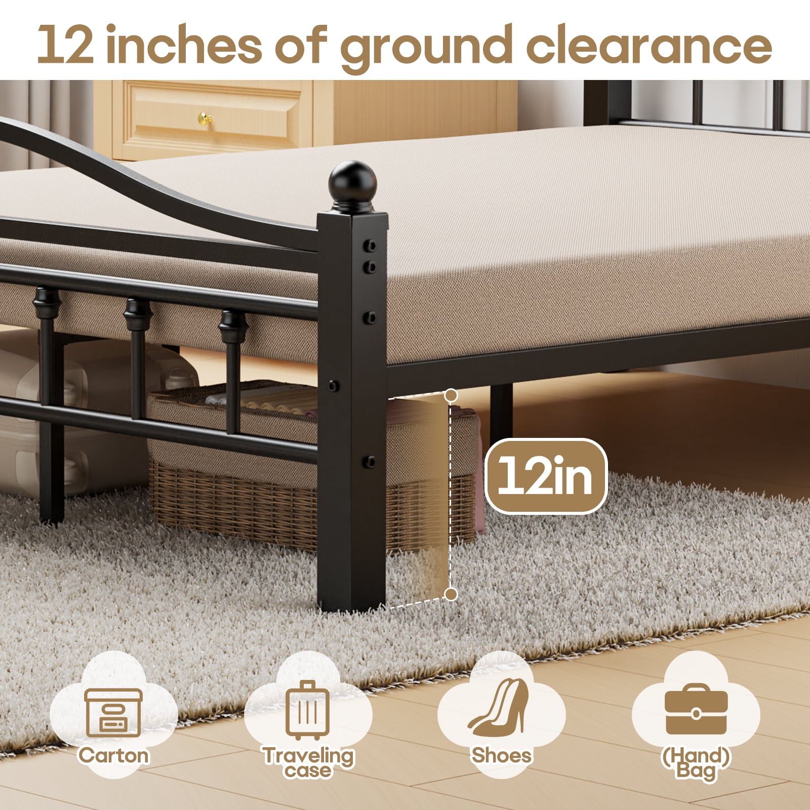 Queen Bed Frame with Headboard - Heavy Duty  Bed Frame Queen Size Supports 1500LBS, Noise Free, Under-Bed Storage, No Box Spring Needed, Easy Assembly, Black