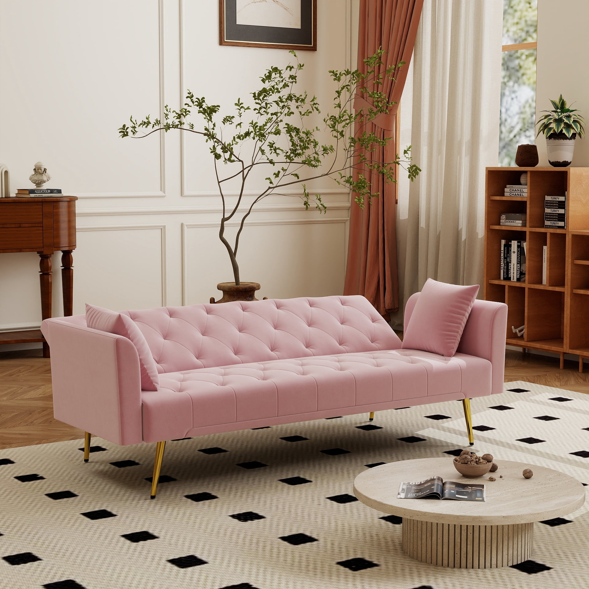 Modern 72" Foldable Sleeper Sofa Bed, 3-in-1 Adjustable Loveseat with Tufted American Retro Style, Pink Velvet Upholstery, Space-Saving for Small Living Rooms, Bedrooms, Apartments, Home Office