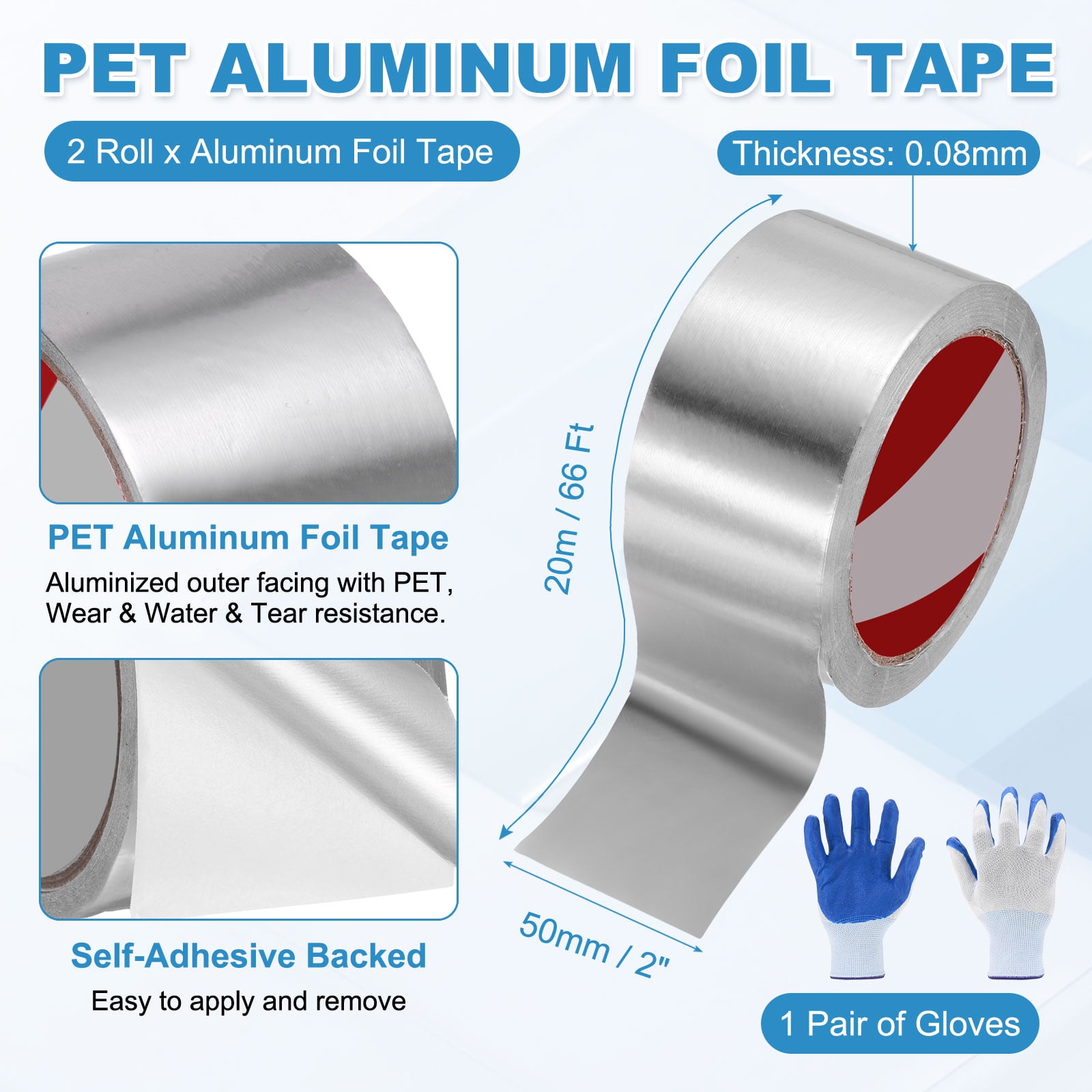 Uxcell 2 Pack 0.08mm PET Aluminum Foil Tape, 66 ft x 2 Inch Heavy Duty HVAC Tape Metal Duct Tapes Heat Resistant Tape Insulation Tapes with Gloves for Air Ductwork, Dryer Vent