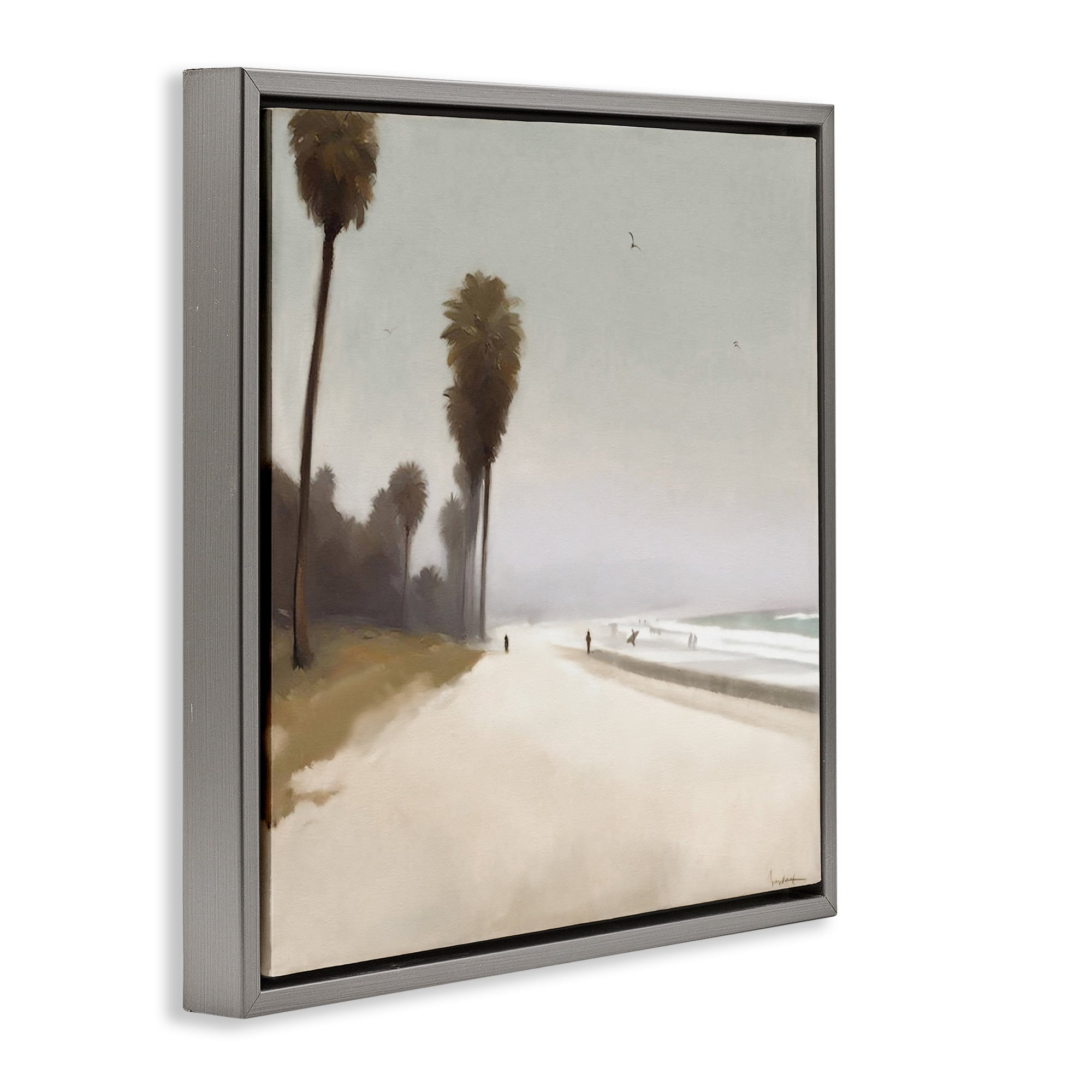 Stupell Industries Palm Lined Beach Landscape & Nature Painting Gray Floater Framed Canvas Art Print Wall Art, 18 x 18
