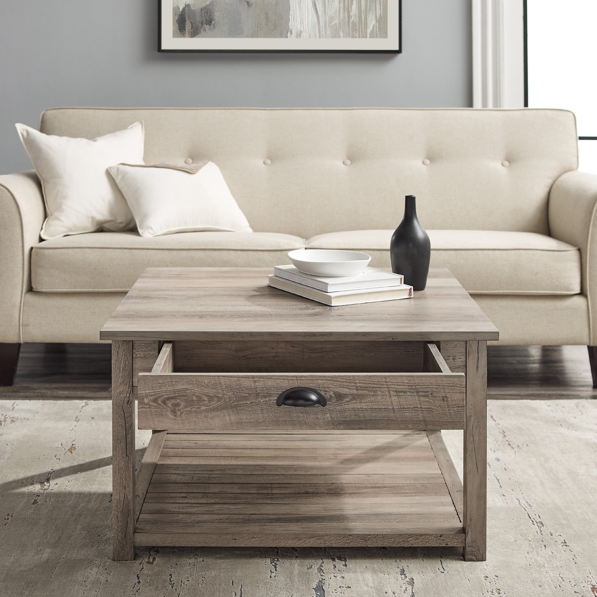 Walker Edison Modern Farmhouse Grooved Shelf Coffee Table, Grey Wash