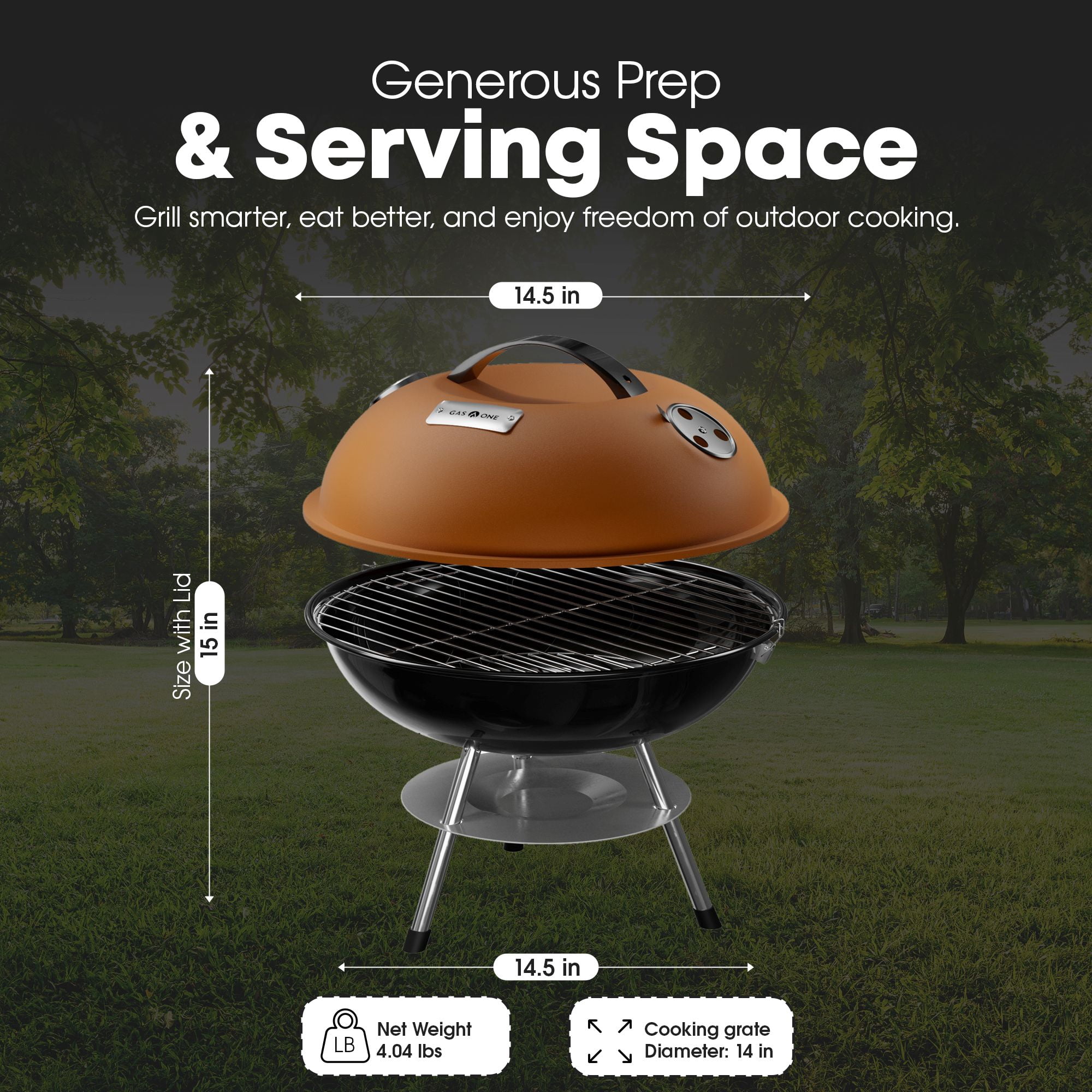 GasOne CG-14T – 14-inch Portable Barbecue Grill with 3-Point Locking Lid for Heat Preservation – Dual Venting System – Small Charcoal Grill for Backyard, Camping, Boat