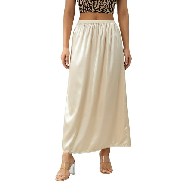 Vestido interior de satén para mujer, talla grande, cintura elástica, largo, con ribete de encaje