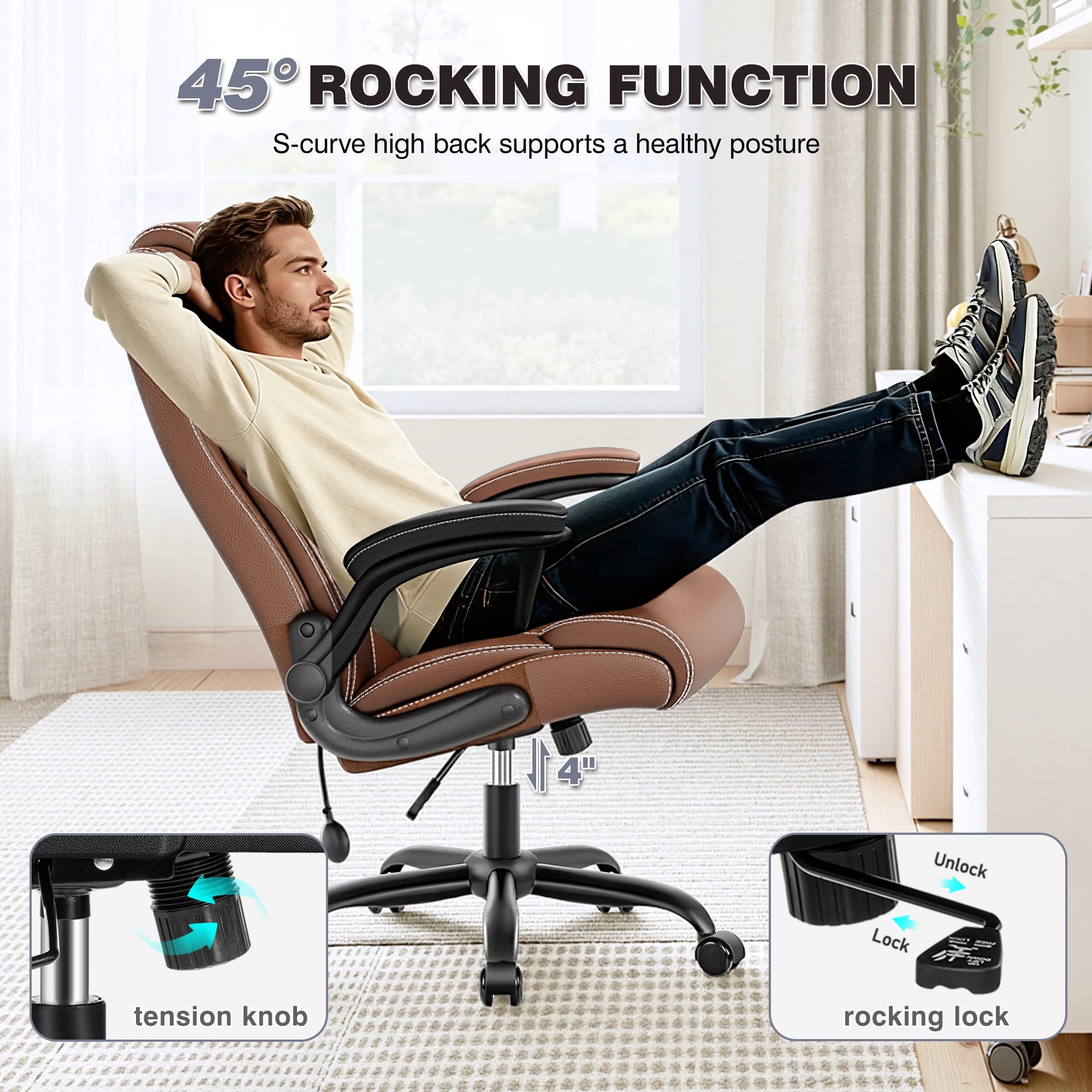 Primy Ergonomic Office Chair with Adjustable Air Lumbar, Home Desk Computer Chair, Leather High-Back Executive Chairs with Flip-Up Arms, Rocking Swivel Comfort