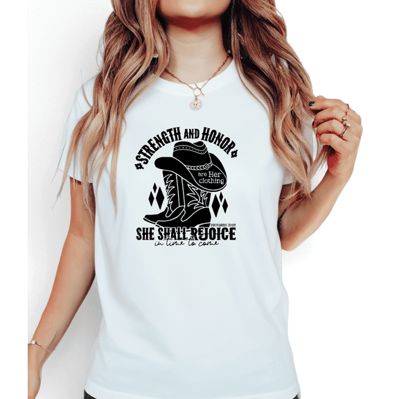 Women's Proverbs 31:25 "Strength And Honor" Western Cowgirl-Themed Graphic T Shirt Short Sleeve Round Neck White S-5XL