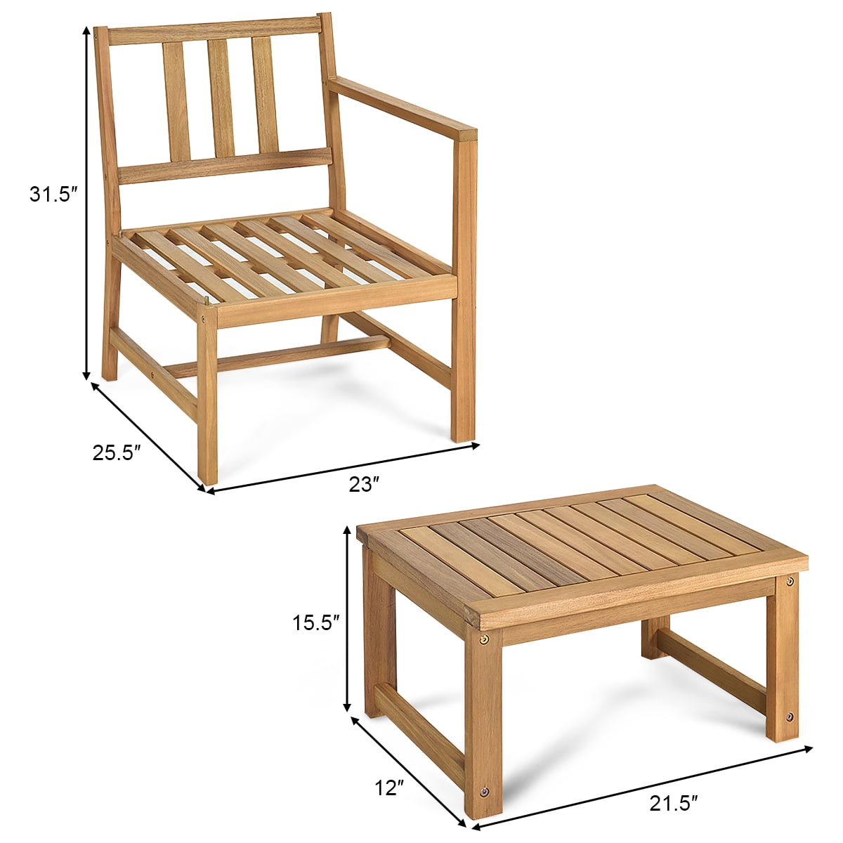 Costway 3 in 1  Patio Table Chairs Set Solid Wood Garden Furniture