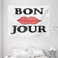 thumbnail image 1 of Lifestyle Decor Tapestry, Hand Drawn Vintage Bon Jour Quote with Female Lips French Good Day Image, Wall Hanging for Bedroom Living Room Dorm Decor, 80W X 60L Inches, Black Red, by Ambesonne, 1 of 2