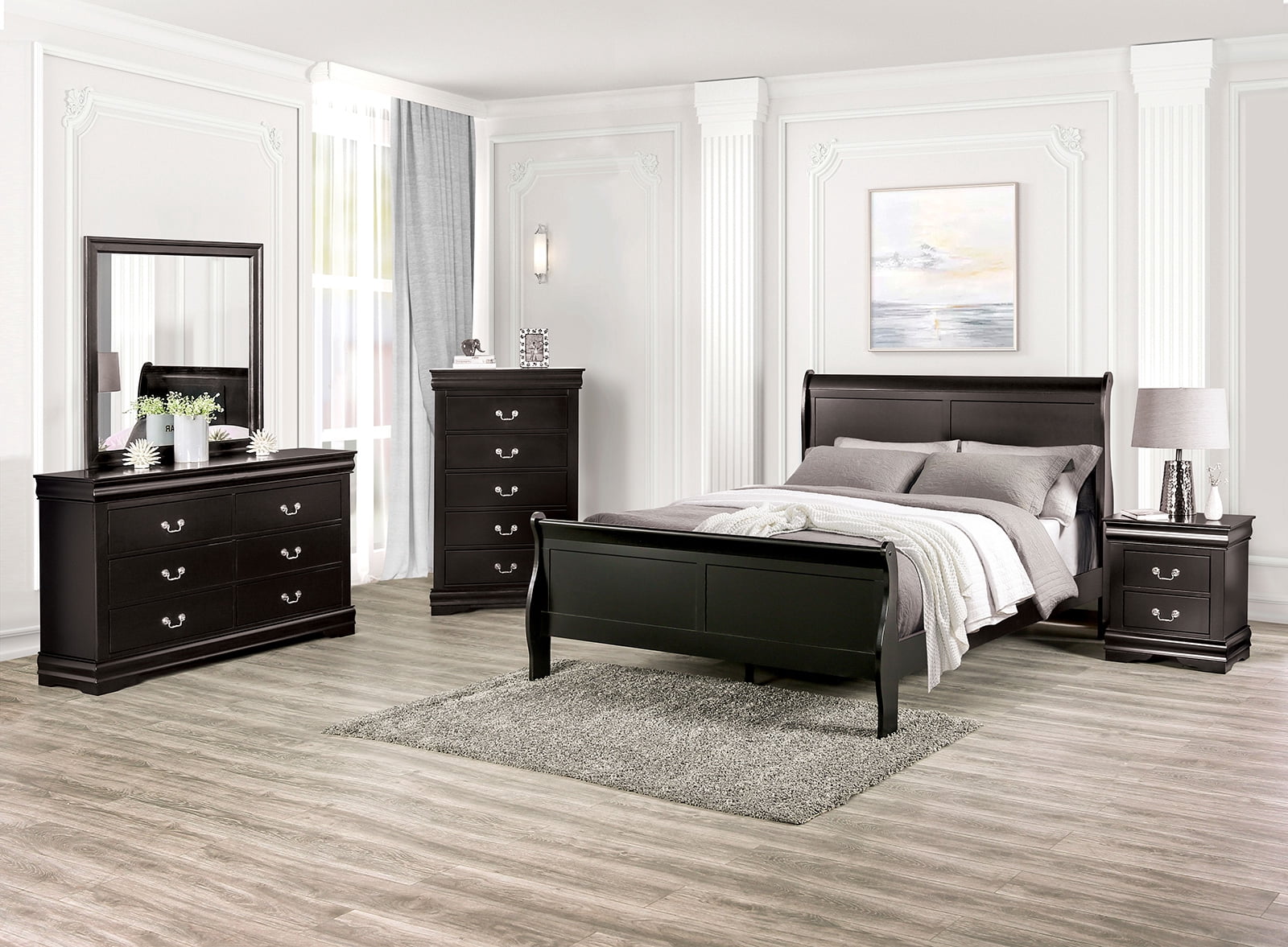 Leovanni Solid Wood Nightstand , End Table with Drawers and Metal Handles, No Assembly Required, For Bedroom, Living Room, Adult, Black