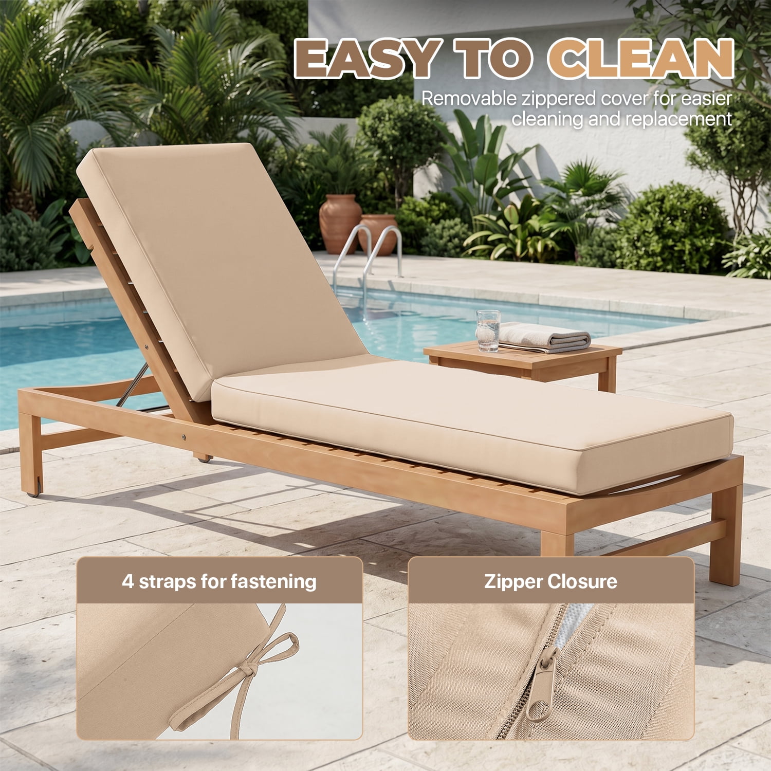 BaPiPro Beige All-Weather Waterproof Outdoor Chaise Lounge Cushion, Soft High-Density Foam Patio Pad with Detachable Zipper Cover & Non-Slip Ties for Pool Garden Backyard