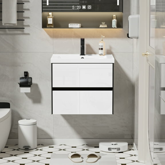 Eclife 24" Black and White Single Bathroom Vanity with Integrated Sink Top, Faucet and Drain