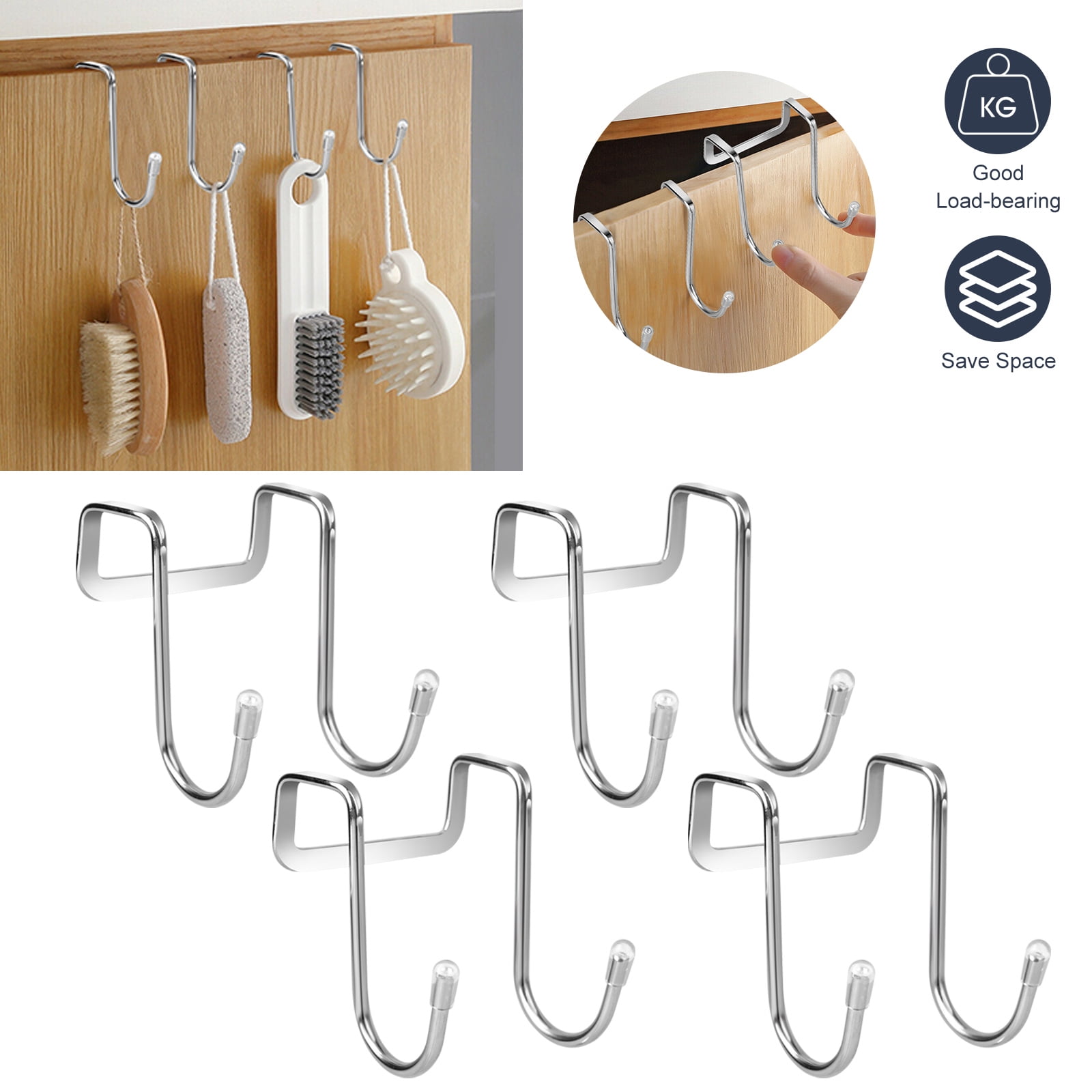 TSV Over the Door Double Hooks,  4Pcs Stainless Steel Heavy Duty S Type Organizer Hanger for the Door Cabinets Drawer Closet Hanging Towels Hats Clothes, Silver